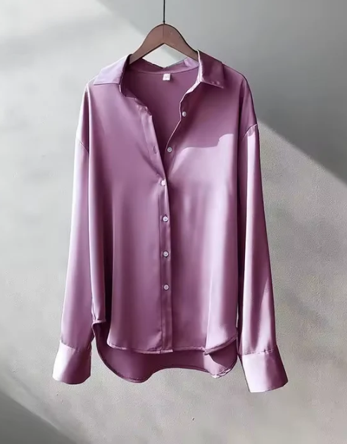 Women's Satin Button-Up Long Sleeve Blouse