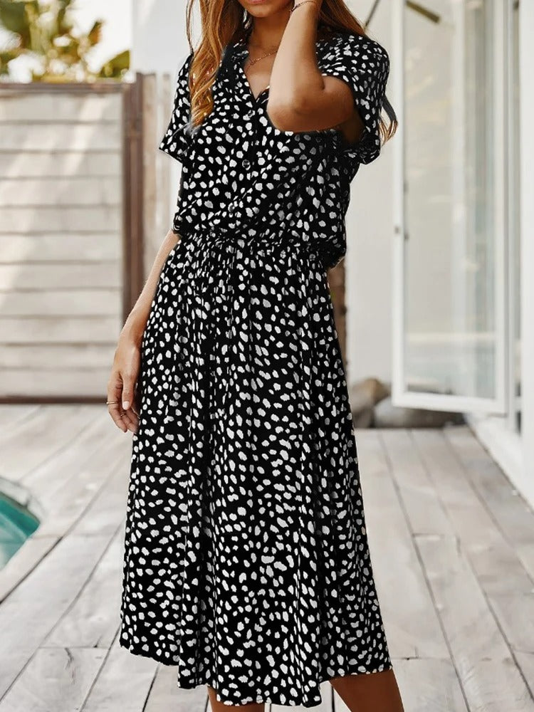Women's Printed Tie Waist Midi Dress