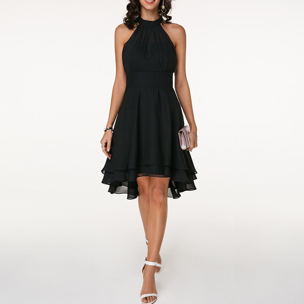Women's Elegant Halter Neck High-Low Chiffon Dress