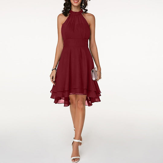 Women's Elegant Halter Neck High-Low Chiffon Dress