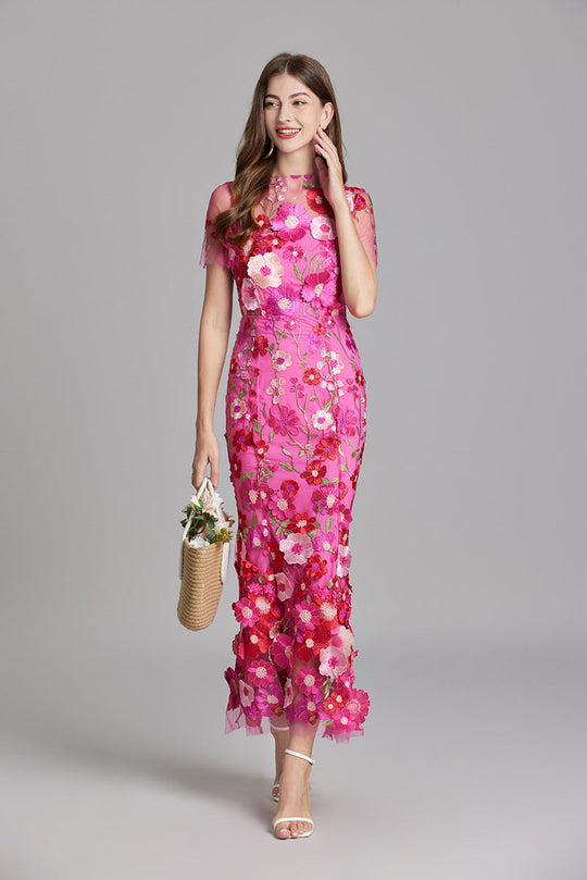Women's Embroidered Mesh Fitted Maxi Dress
