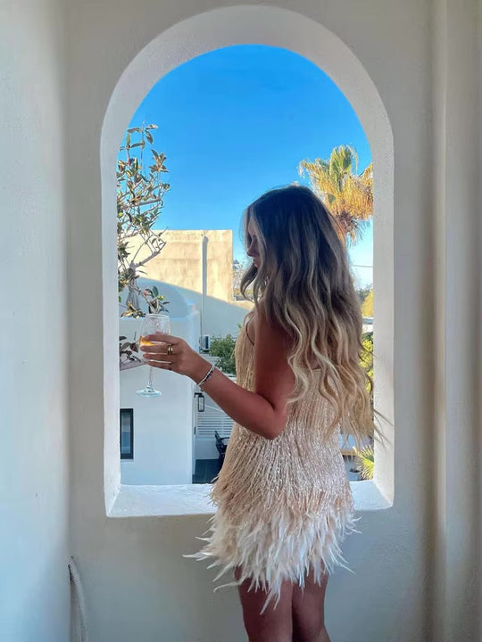 Women's Glamorous Fringe Feather Cocktail Mini Dress