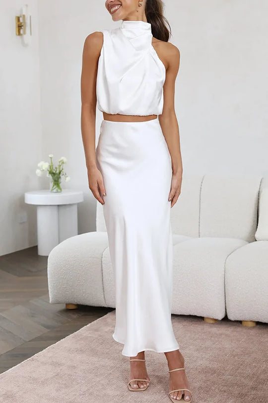 Damen Satin Neckholder Zweiteiliges Maxikleid-Set