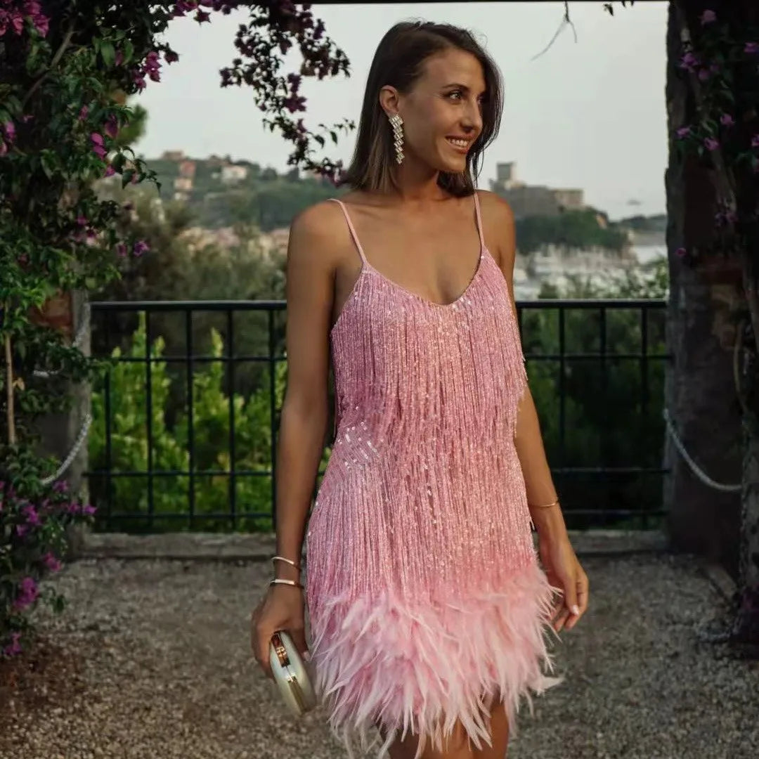 Women's Sequin Fringe Feather Trim Party Mini Dress