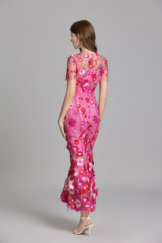 Women's Embroidered Mesh Fitted Maxi Dress