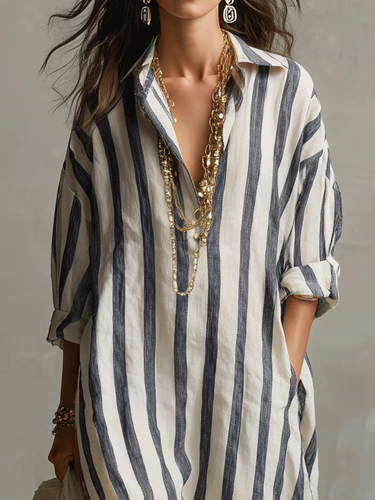 Women's Relaxed Striped Button-Up Maxi Shirt Dress