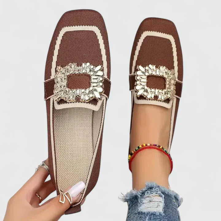 Women's Rhinestone Buckle Square-Toe Knit Ballet Flats