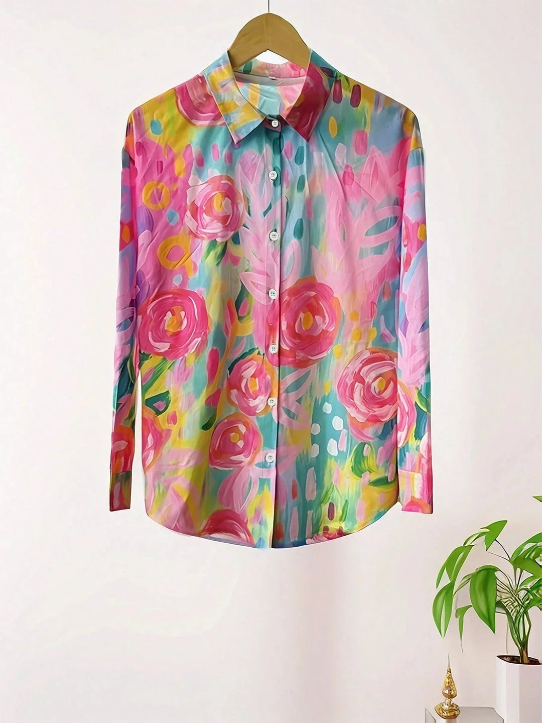 Women's Artistic Patchwork Print Button-Up Shirt