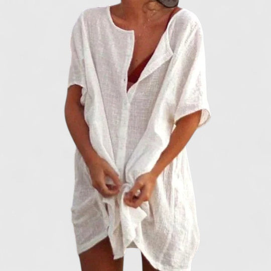 Women's Relaxed Linen Blend Button-Up Tunic Dress