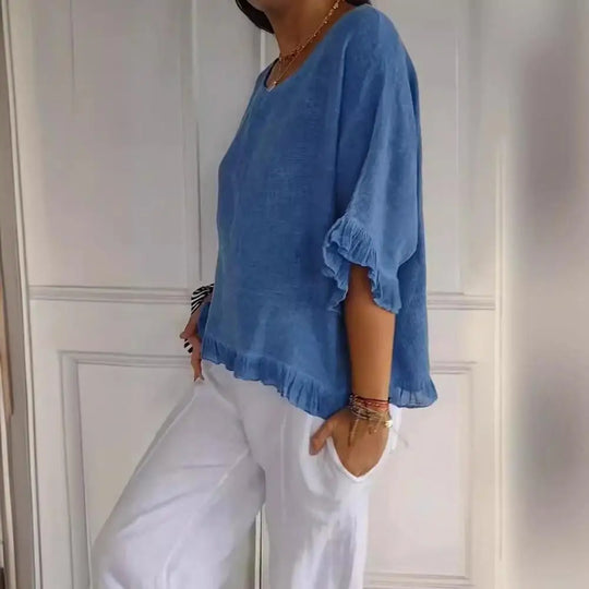Women's Plain Blouse with Ruffle Trim Hem