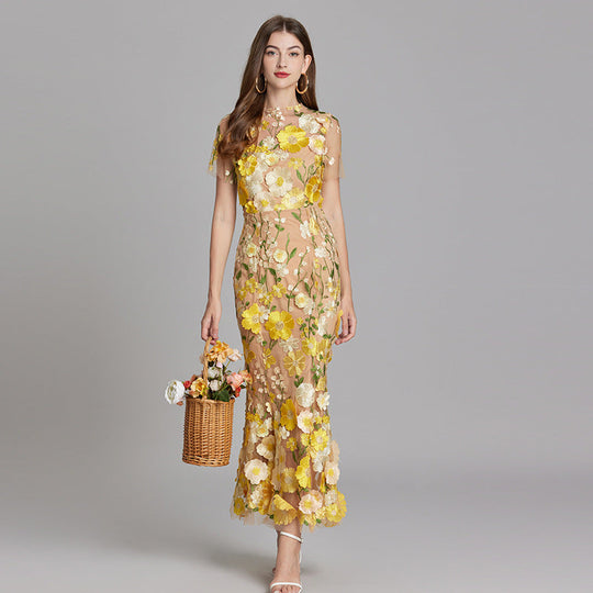 Women's Embroidered Mesh Fitted Maxi Dress