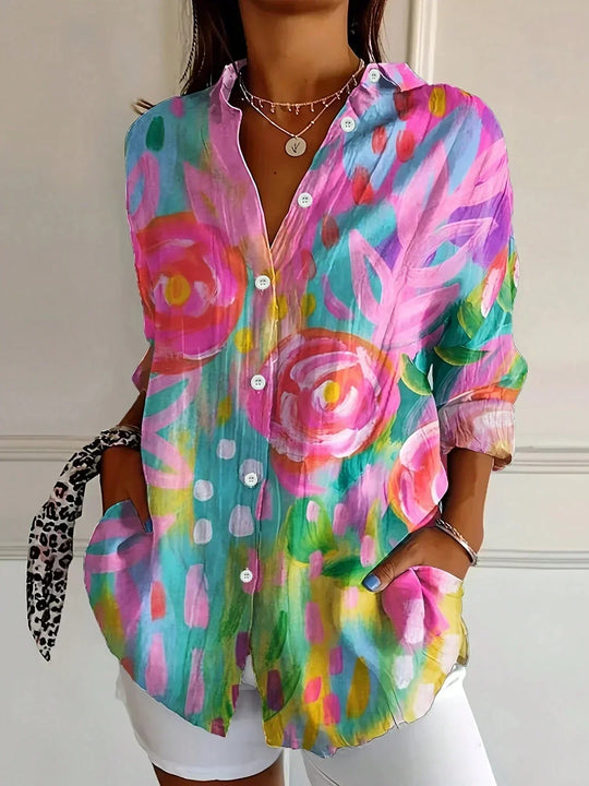 Women's Artistic Patchwork Print Button-Up Shirt