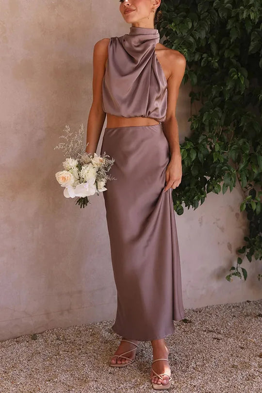 Damen Satin Neckholder Zweiteiliges Maxikleid-Set