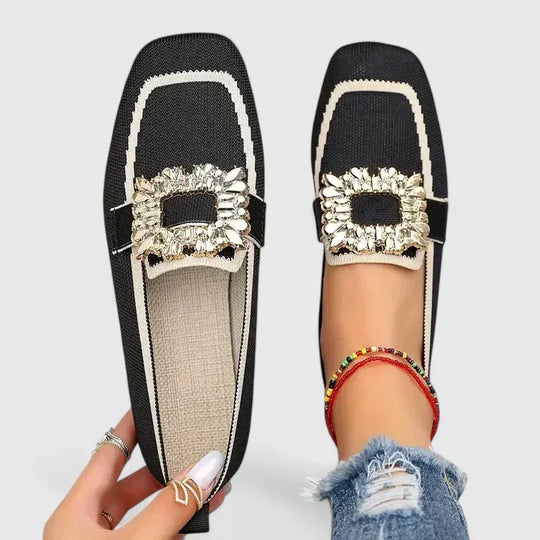 Women's Rhinestone Buckle Square-Toe Knit Ballet Flats