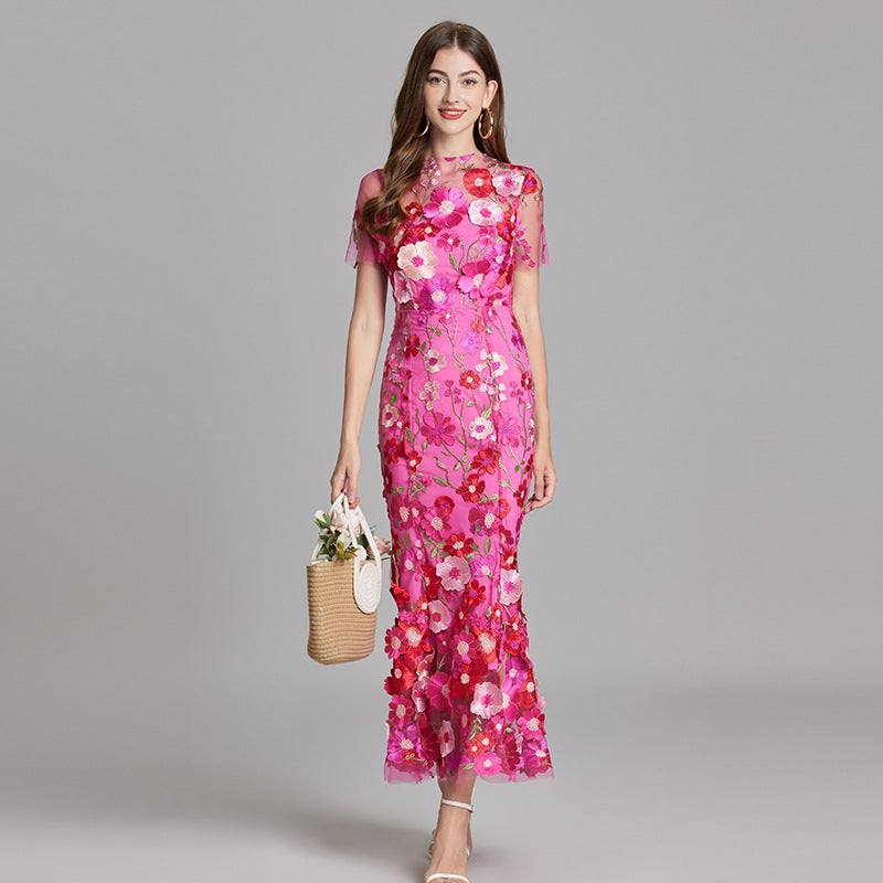 Women's Embroidered Mesh Fitted Maxi Dress