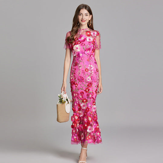 Women's Embroidered Mesh Fitted Maxi Dress
