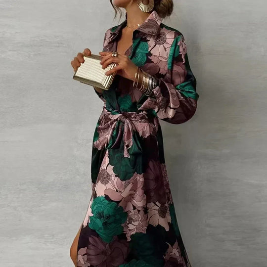 Women's Floral Print Tie Waist Maxi Shirt Dress