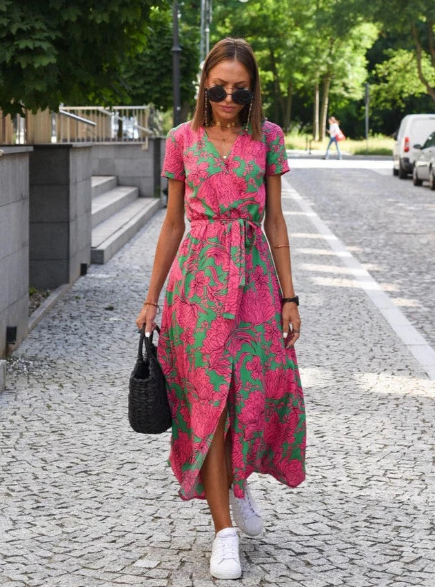 Damen Midikleid mit Blumenmuster und Wickeldesign