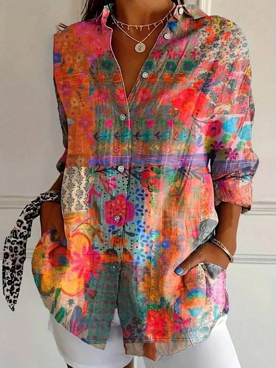 Women's Artistic Patchwork Print Button-Up Shirt