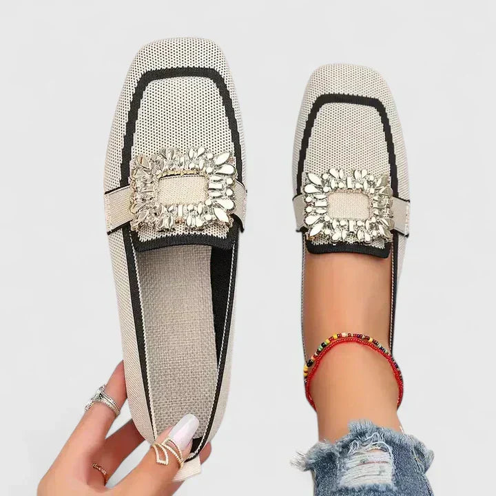 Women's Rhinestone Buckle Square-Toe Knit Ballet Flats
