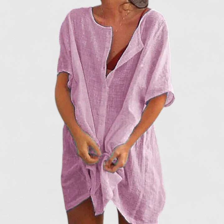 Women's Relaxed Linen Blend Button-Up Tunic Dress