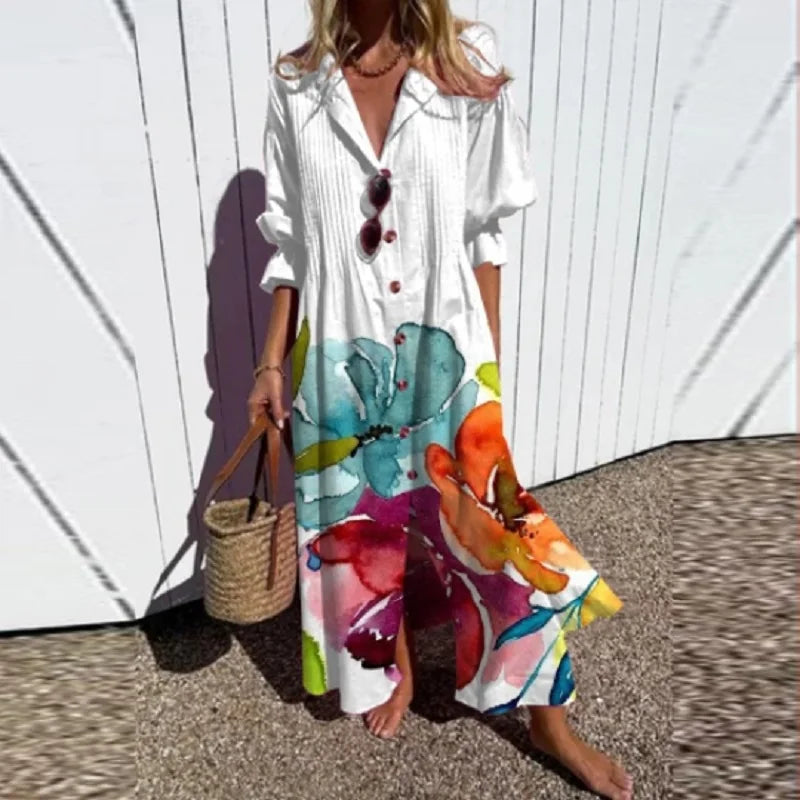 Women's Artistic Printed Button Front Maxi Shirt Dress