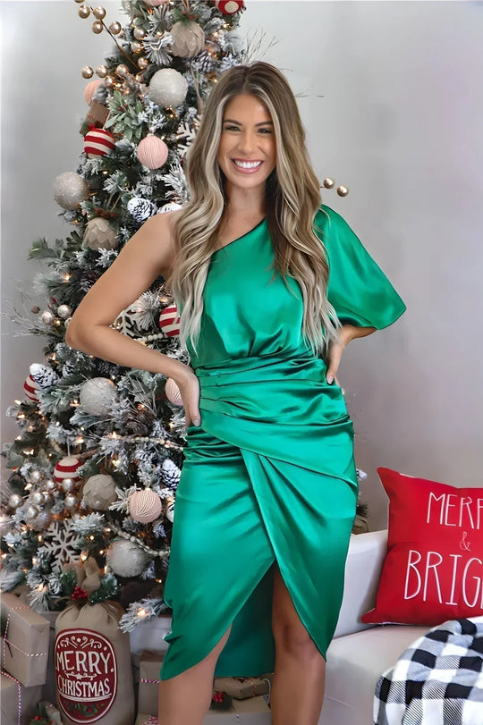 Women's One-Shoulder Satin Ruched Midi Dress