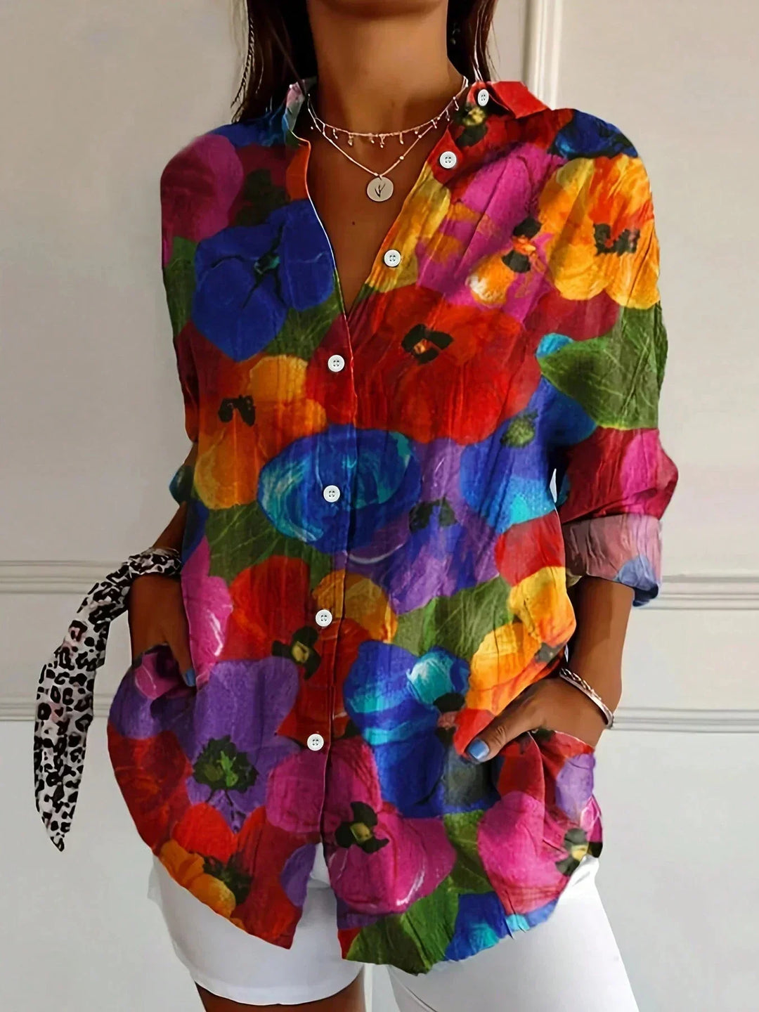 Women's Artistic Patchwork Print Button-Up Shirt