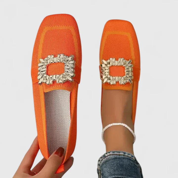 Women's Rhinestone Buckle Square-Toe Knit Ballet Flats