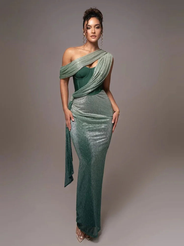 Women's One-Shoulder Shimmer Draped Evening Maxi Dress