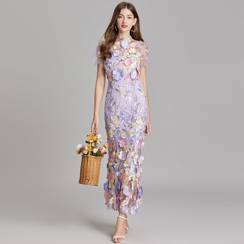 Women's Embroidered Mesh Fitted Maxi Dress