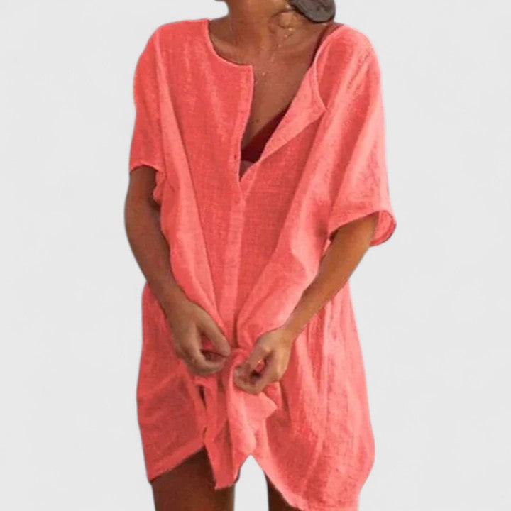 Women's Relaxed Linen Blend Button-Up Tunic Dress