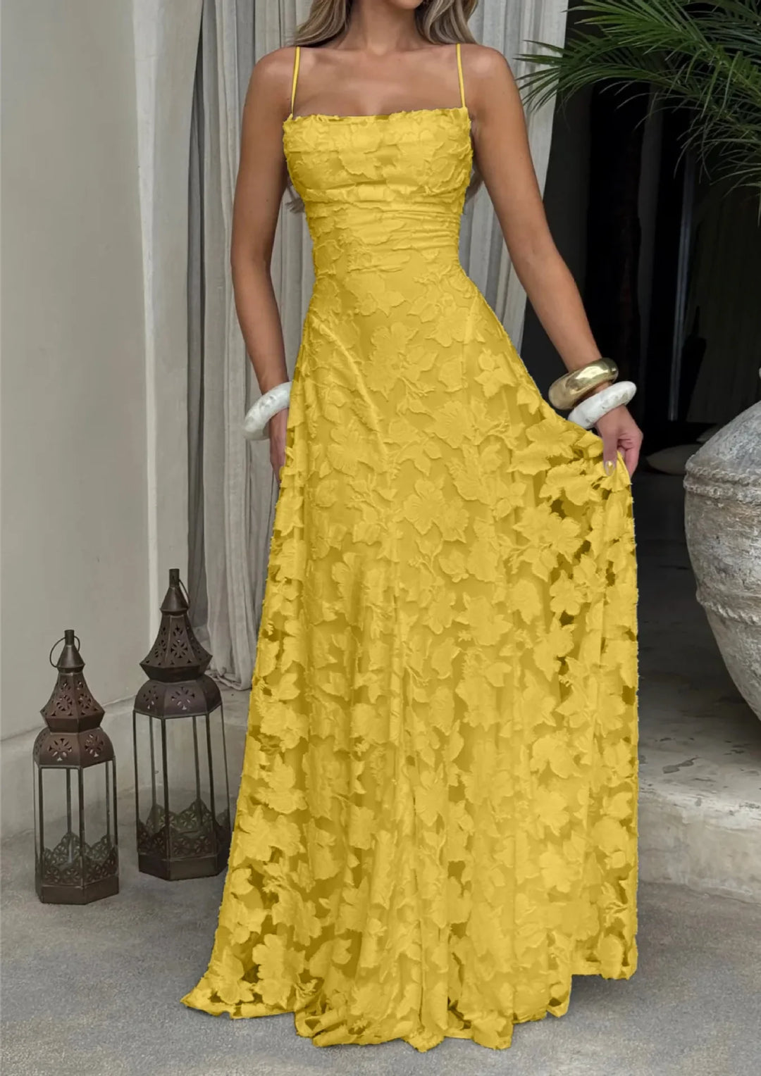 Women's Floral Lace Cowl Neck Maxi Evening Dress