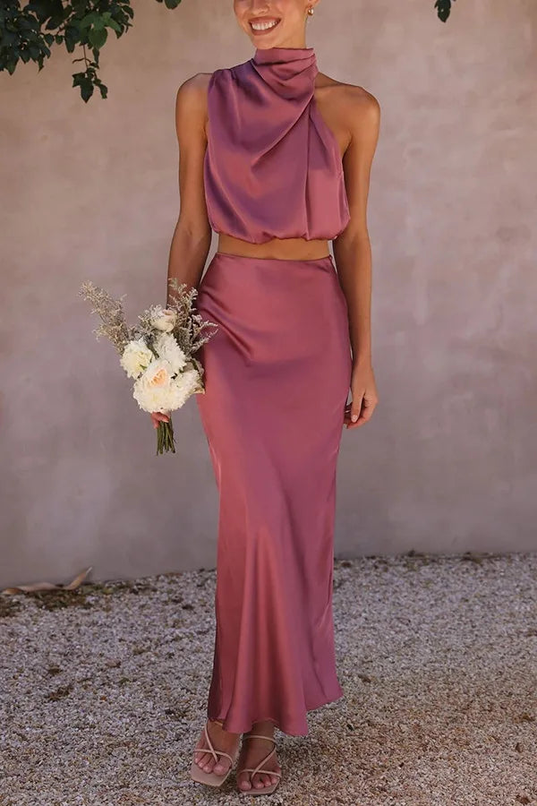 Damen Satin Neckholder Zweiteiliges Maxikleid-Set