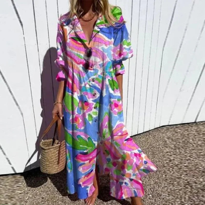 Women's Artistic Printed Button Front Maxi Shirt Dress