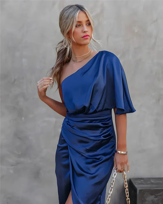 Women's One-Shoulder Satin Ruched Midi Dress