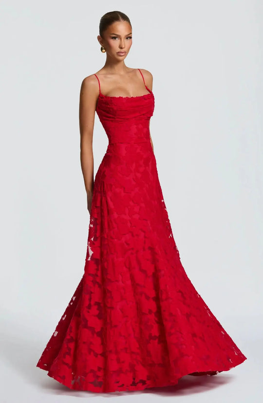 Women's Floral Lace Cowl Neck Maxi Evening Dress