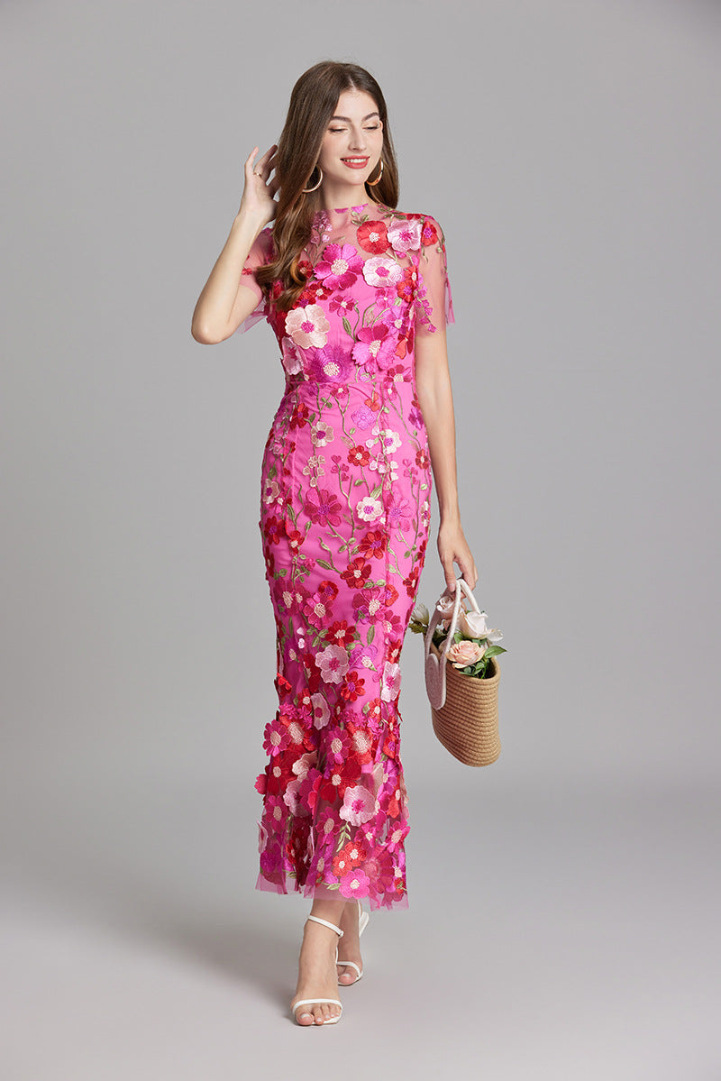 Women's Embroidered Mesh Fitted Maxi Dress