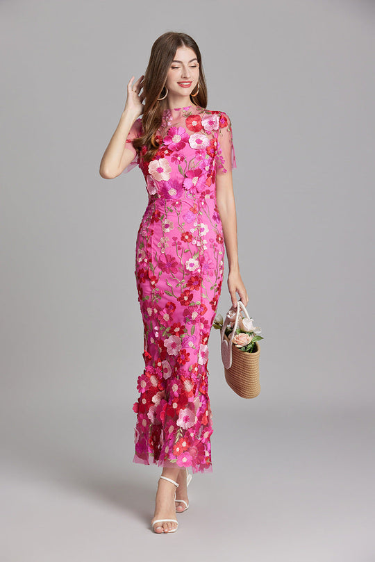 Women's Embroidered Mesh Fitted Maxi Dress