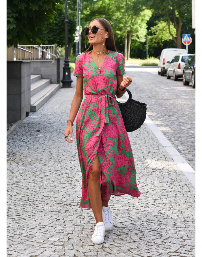 Damen Midikleid mit Blumenmuster und Wickeldesign
