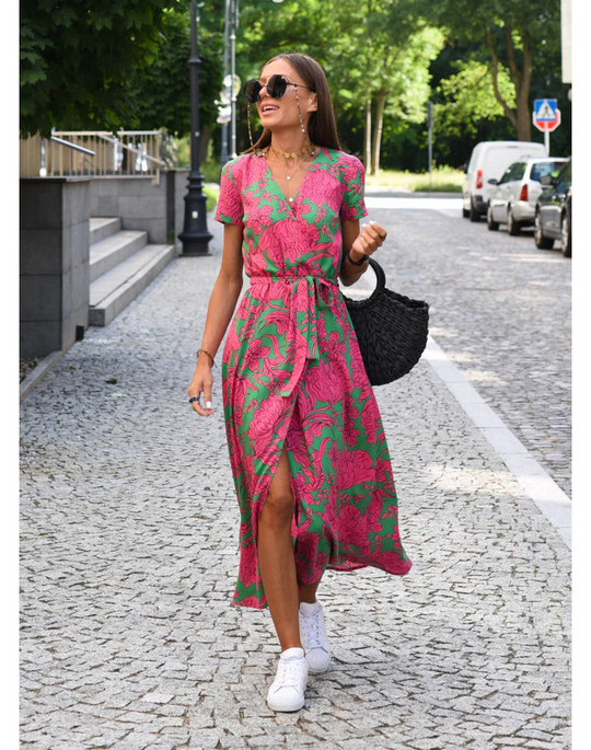 Damen Midikleid mit Blumenmuster und Wickeldesign