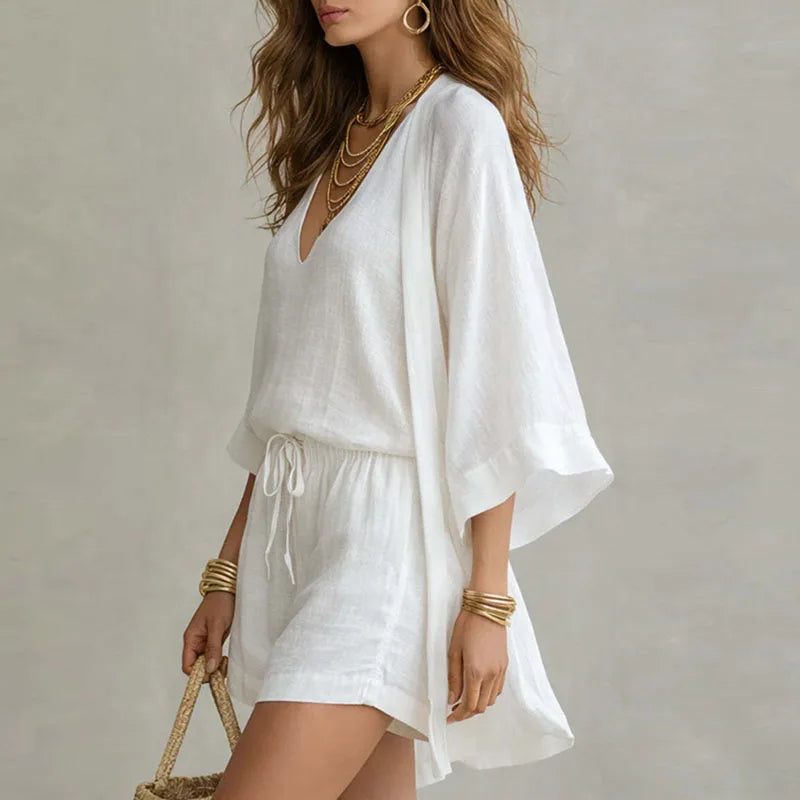 Women's Three Piece V Neck Sleeveless Top, Shorts and Open Front Cover Up Set