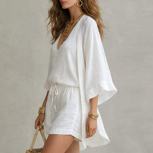 Women's Three Piece V Neck Sleeveless Top, Shorts and Open Front Cover Up Set