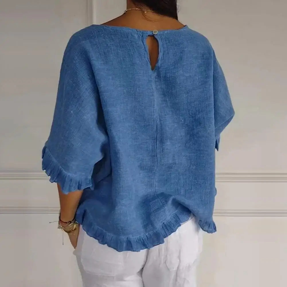 Women's Plain Blouse with Ruffle Trim Hem