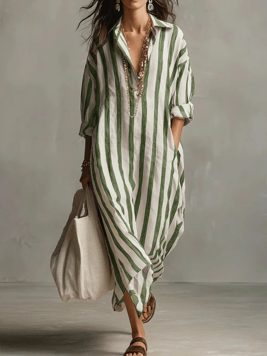 Women's Relaxed Striped Button-Up Maxi Shirt Dress