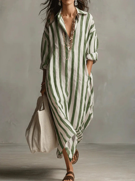 Women's Relaxed Striped Button-Up Maxi Shirt Dress