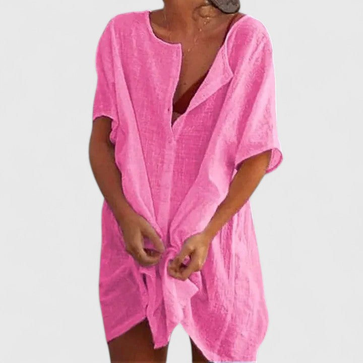 Women's Relaxed Linen Blend Button-Up Tunic Dress
