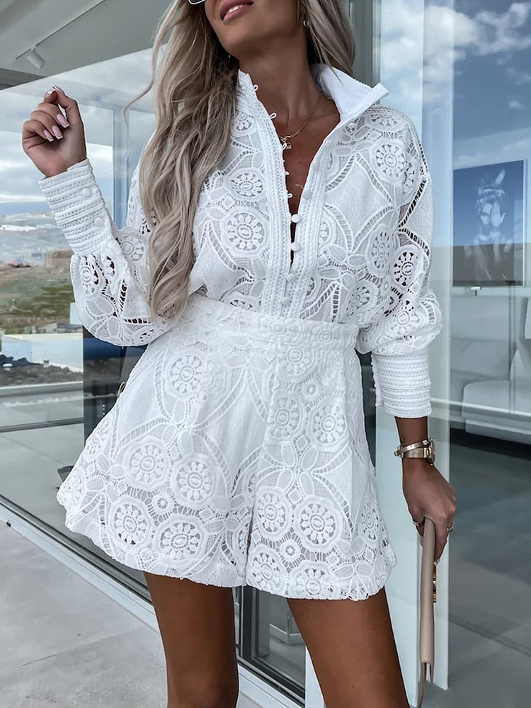 Women's Floral Lace Long Sleeve Romper