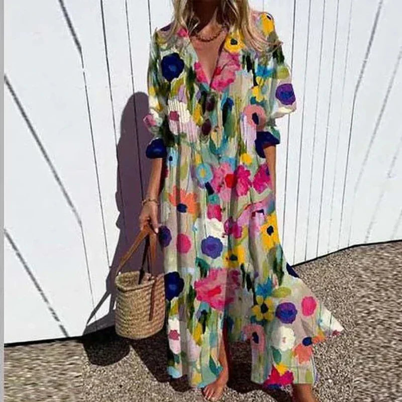 Women's Artistic Printed Button Front Maxi Shirt Dress