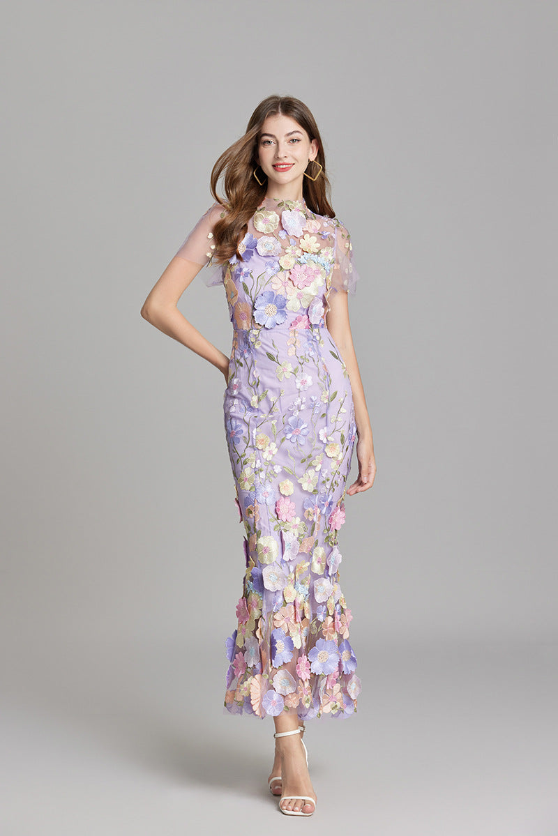 Women's Embroidered Mesh Fitted Maxi Dress